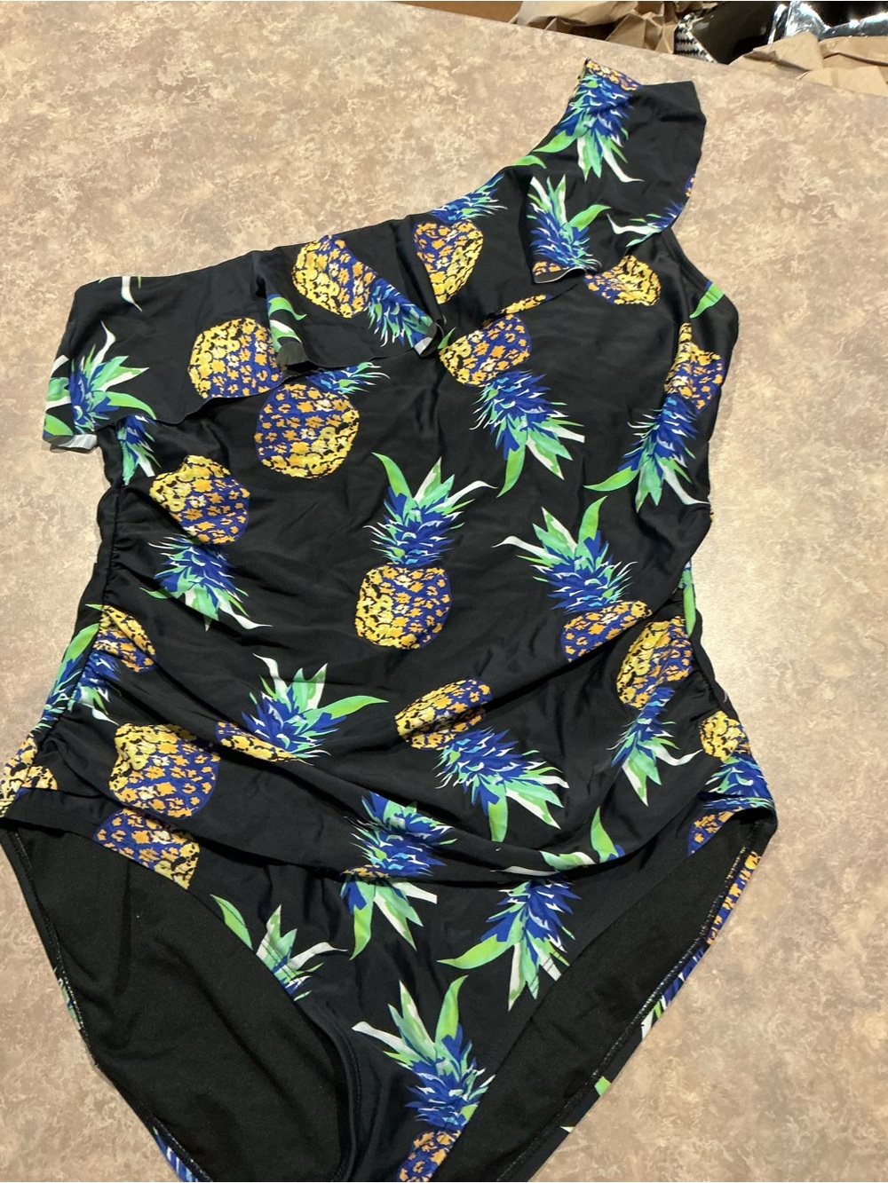 Black One-Shoulder Pineapple Print Swimsuit
